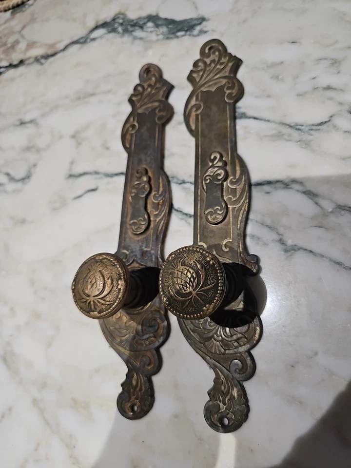 Rare Anciennes Poignées de porte en laiton massif Art Nouveau - Photo 2/4