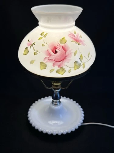 Vintage Victorian Milk Glass Hurricane Parlor Lamp Handpainted Pink Rose Design