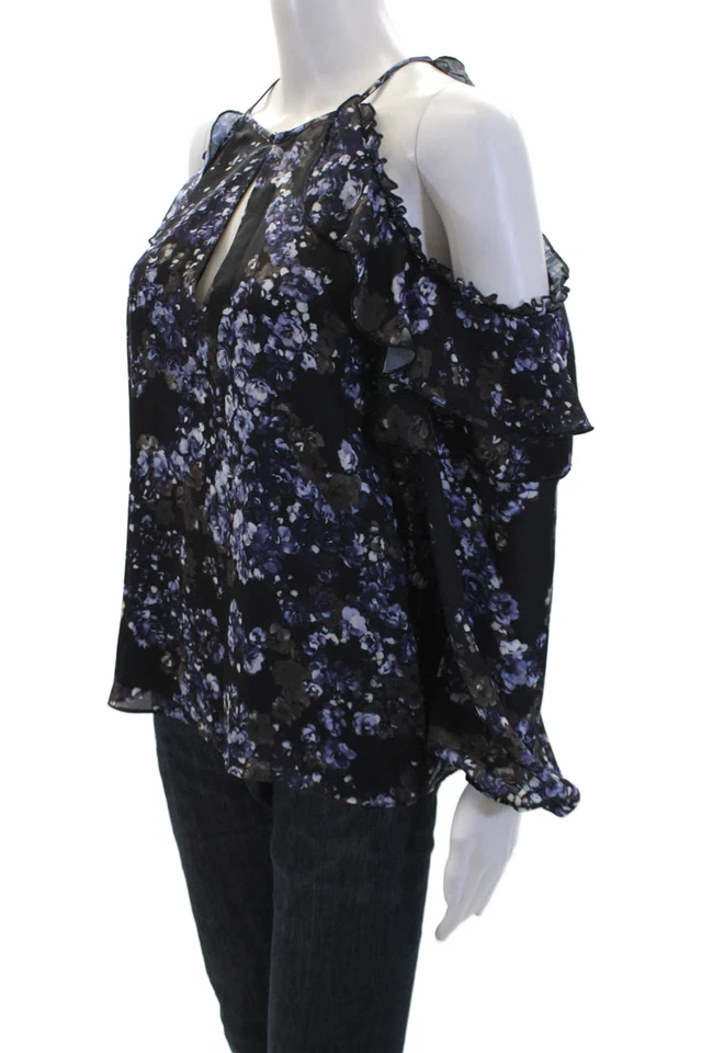 Blusa Top Parker Mujer Floral Cuello en V Hombro Frío Manga Larga Negra Talla S Foto 2 de 4