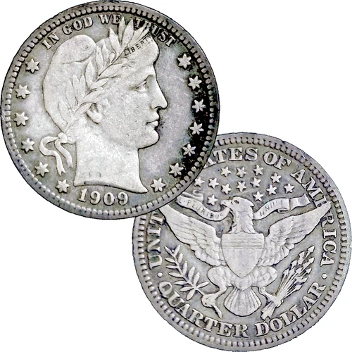 1909 Barber 25¢ (Twenty Five Cents) - Well Preserved Silver Coin VF+