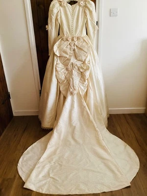 Ivory/Cream dupion silk Wedding Dress , app.size 10, long sleeves, bustle, train - Image 1 of 4