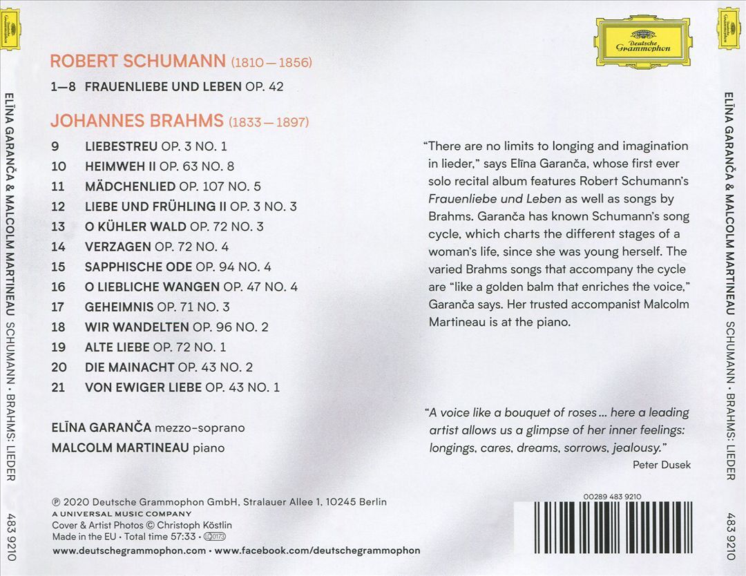 クラシック SCHUMANN BRAHMS LIEDER ELINA GARANCA Schumann & Brahms: Lieder - Deutsche Grammophon: 4839210