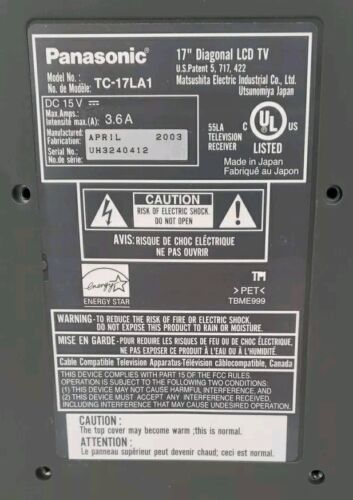 Panasonic Flat Screen 17” LCD TV, 2004 Model No. TC-17LA1 W/Remote Tested Works - Picture 8 of 9