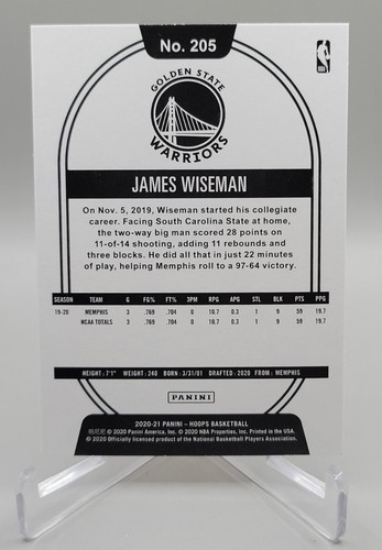 2020-21 Panini NBA Hoops #205 James Wiseman RC Golden State Warriors Rookie L20D - Picture 2 of 2