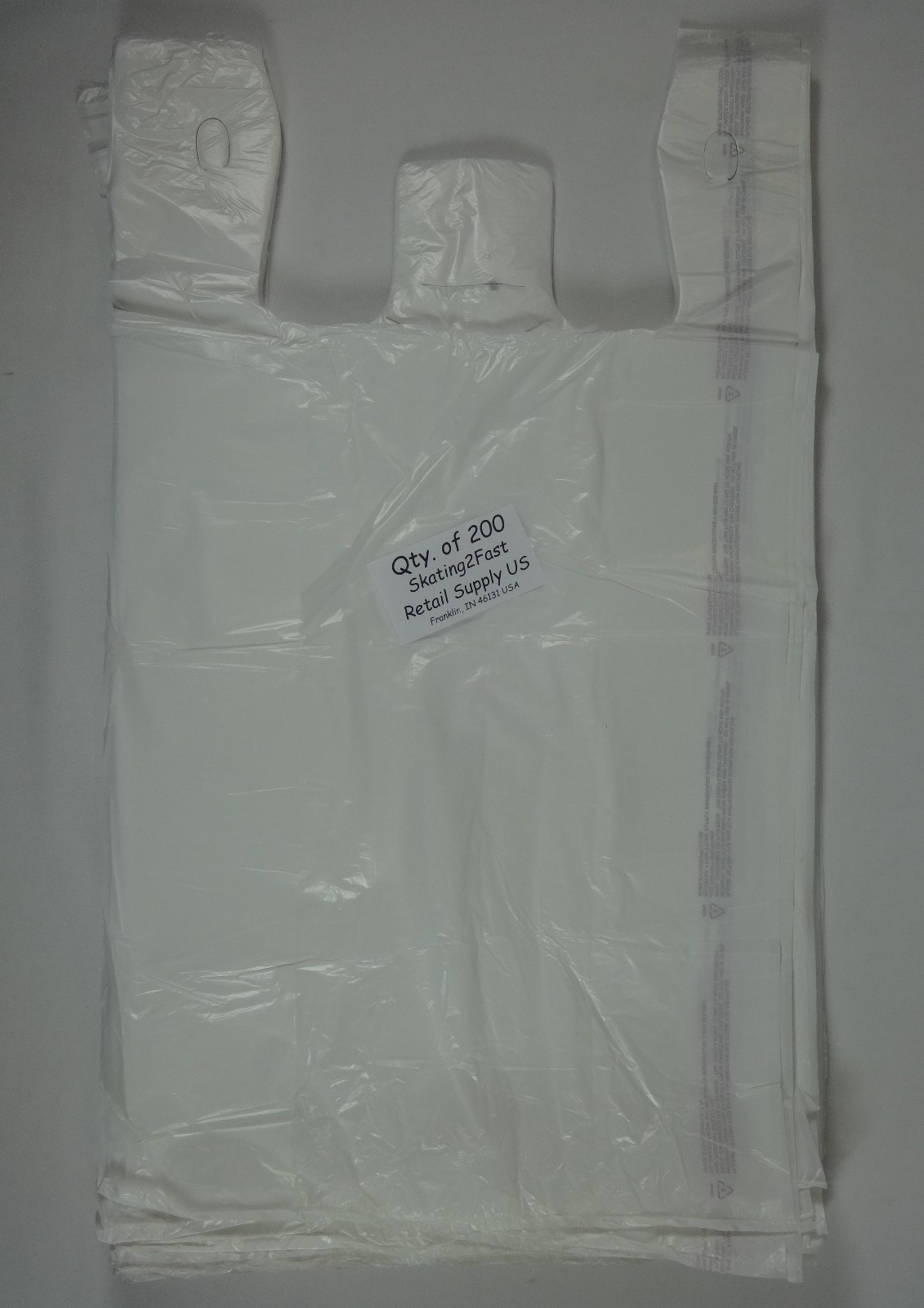 200 Qty. White Plastic T-Shirt Retail Shopping Bags with Handles 11.5" x 6" x21"
