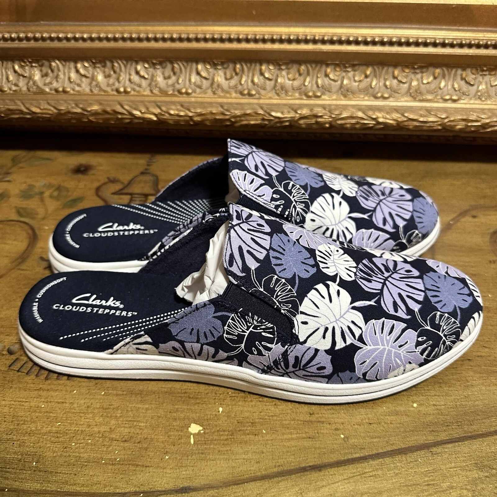 Scarpe slip on mules Clarks Cloudsteppers donna brezza shore tela lavanda 12