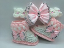 Hand knitted Romany Bling baby girls Shoes /booties+Crochet headband.0-3months