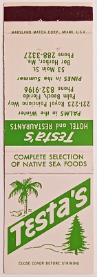 Testa's Hotel & Restaurant, Palm Beach, FL, Bar Harbor, ME Matchbook Cover