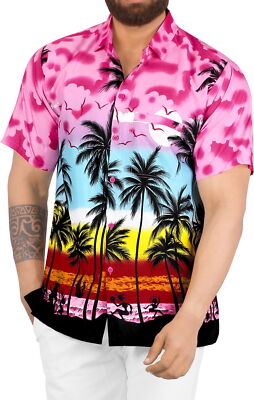 LA LEELA Men's Hawaiian Short Sleeve Button Down Shirts 6XL Island View, Pink