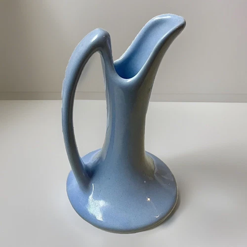 Niloak Ewer Vintage 1940’s Light Blue Pottery Handle Vase 6.75”Incised Mark