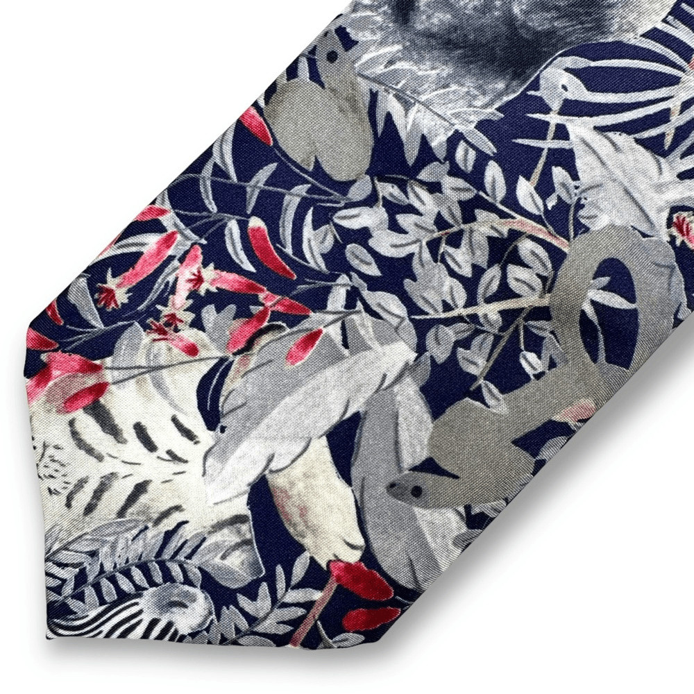 Atonio Calafatano Silk Tie Tropical Rainforest Animal Print Blue Silver Gray