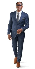 Slim Fit 2 Button Mens Suit Navy Blue Windowpane Plaid Peak Lapel 35071 AZARMAN