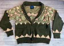 Vtg Novo Promark Creations Chunky Cardigan Sweater Sz Medium, Green Pink Cotton