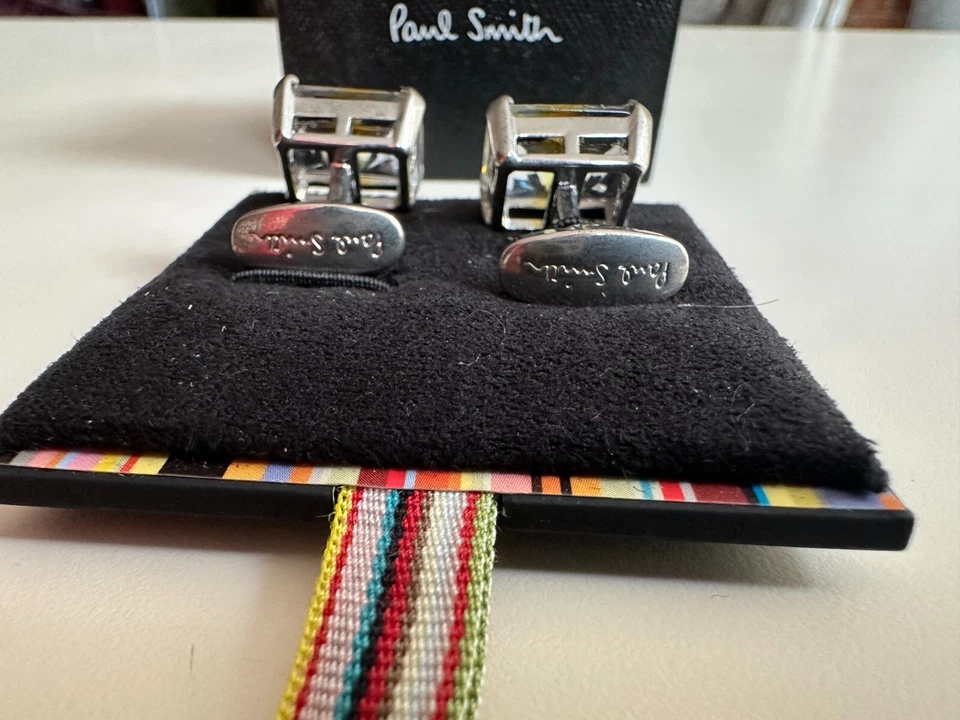 Gemelos Paul Smith | Vidrio azul ámbar incrustado y gris | En caja ✨ Foto 2 de 4