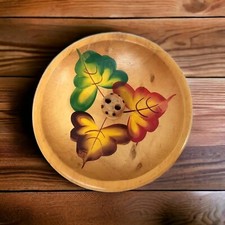 Vintage Wood Nut Bowl Painted Leaves Footed Farmhouse Decor Oak Leaf Dish Fall