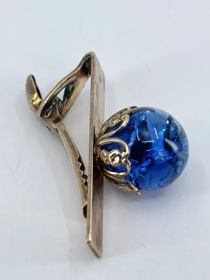 Barra de clip de corbata esfera de vidrio azul tono dorado 14 mm diseño abierto ajuste 1,5" Foto 4 de 4