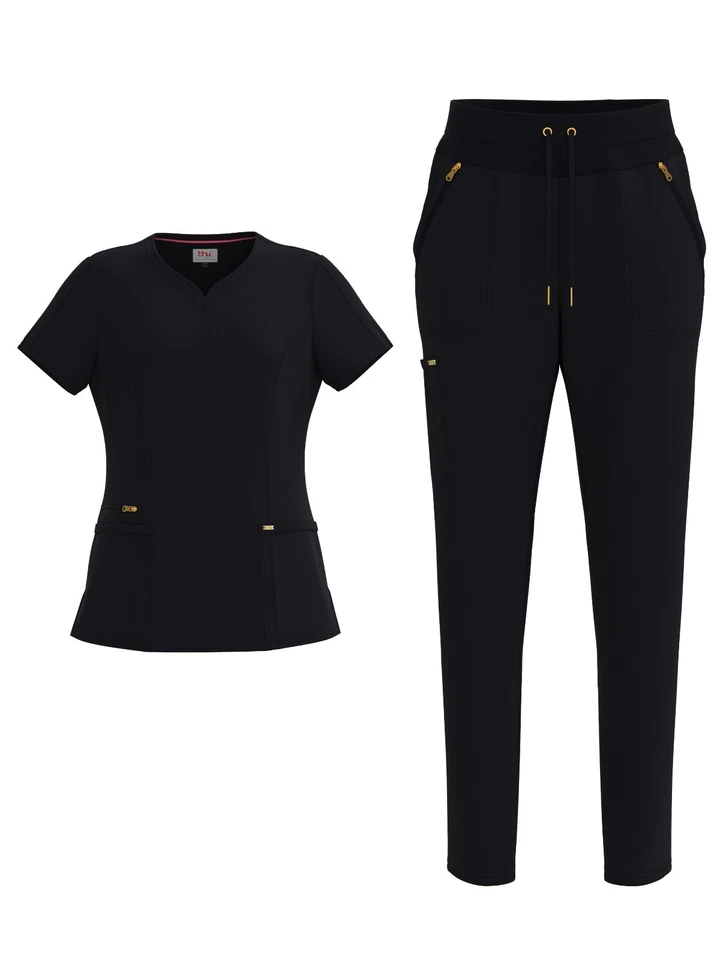 Women's 4 Way STRETCH Sweat Heart Neck Top with Zipper Cargo Scrub Pants - Image 4 of 4