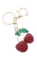 Rhinestone Bling Red Cherry with Gold Tone Key Chain Fob Purse Charm