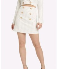 Bebe Pinstripe Twill A-Line Skirt Size 12 Large Gold Buttons Preppy