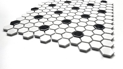 White Black 1'' Mix Hexagon Shiny Porcelain Mosaic Floor Backsplash (Box of 10)