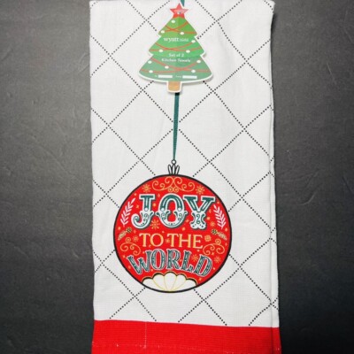 Christmas 2 Pack Hand Kitchen Towels Decor Joy To The World Red Green Bulb NEW
