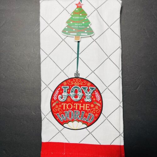 Christmas 2 Pack Hand Kitchen Towels Decor Joy To The World Red Green Bulb NEW