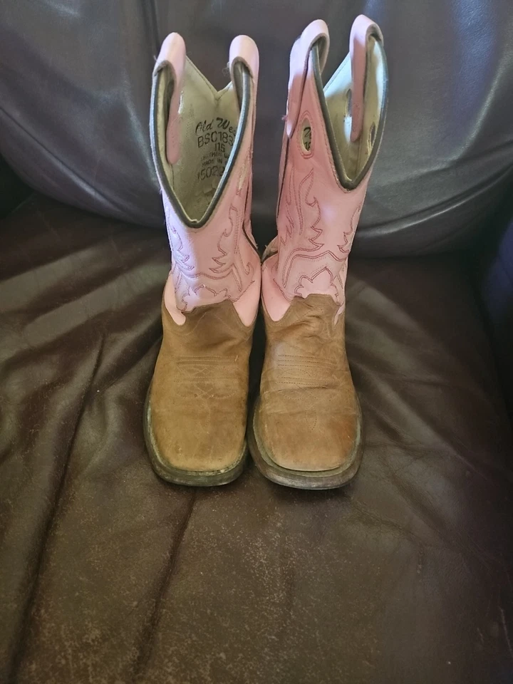 旧西部棕色粉色皮革方头牛仔靴 3.5 码风格 BSC1839 — 第 2/4 张图片