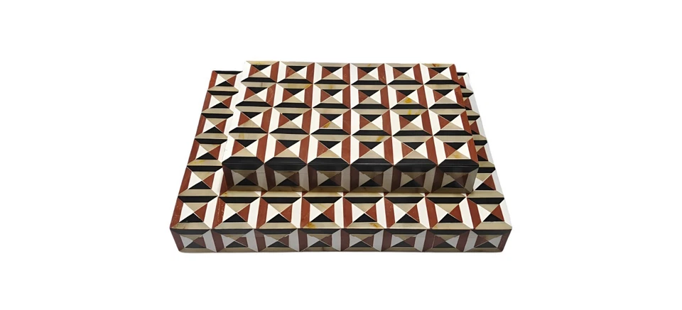 Handmade Geometric cube pattern with earthy tones Set of 2 Storage Box - Image 3 of 4