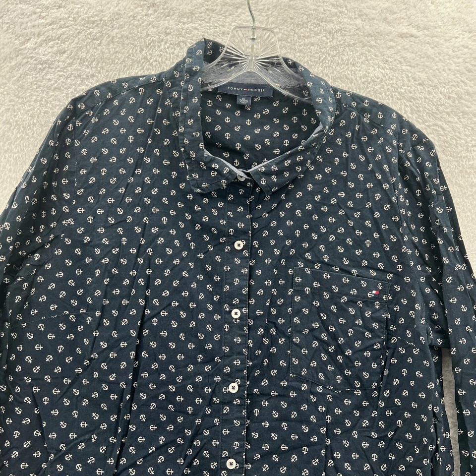 Tommy Hilfiger XL Mujer Camisa Abotonada Azul Anclas Náuticas Bolsillo Camiseta Trabajo Foto 4 de 4