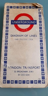 1969 London Transport Underground Map Diagram of Lines Tube Very much used.