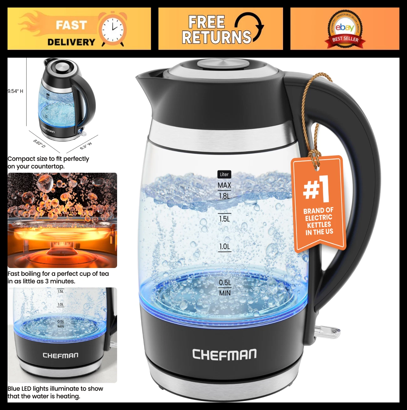 1.8L Electric Kettle - 1500W Hot Water Boiler, Auto Shut Off, Removable Lid, BPA