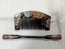 Vintage Gold Lacquer  Shell Comb and Hairpin with Seasonal Flower Design