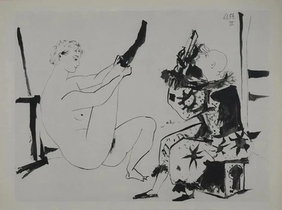 Pablo PICASSO: Comédie Humaine, Der Clown Bereitet Sich Vor, Heliogravur, 1954