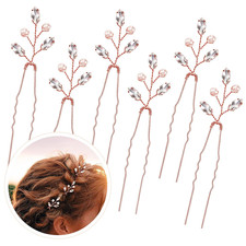 6 Pieces Pearl Crystal Bridal 3.7 Inch Hair Pins Rhinestone Rose Gold