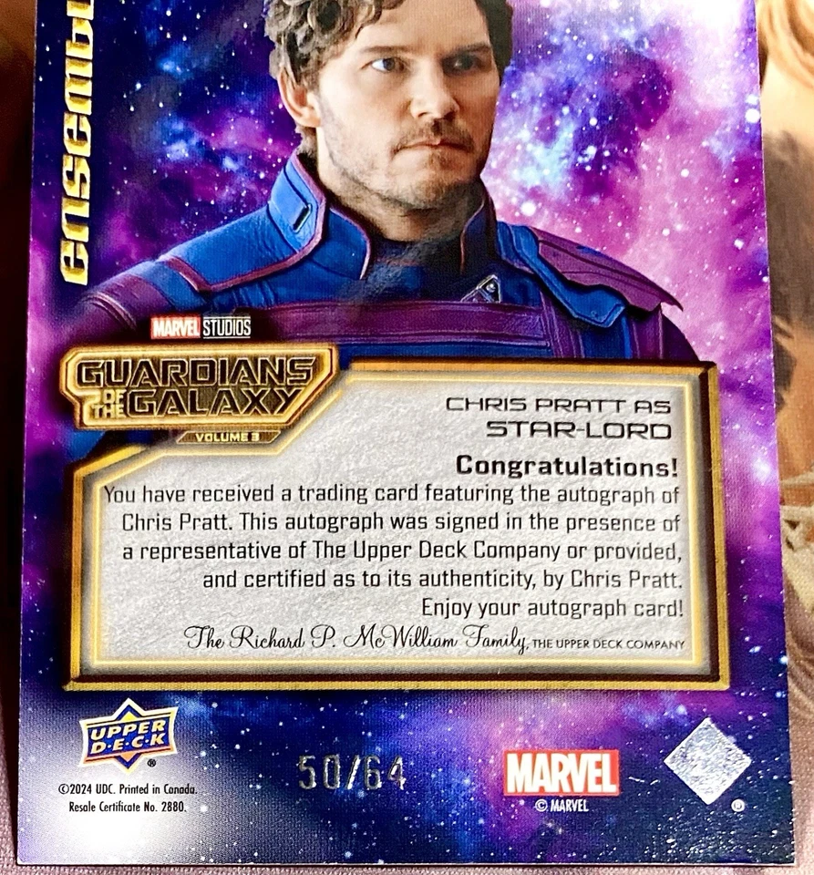 CHRIS PRATT STAR-LORD UD GUARDIANS OF THE GALAXY VOL 3 ENSEMBLE AUTO RED SSP /64 - Image 3 of 4