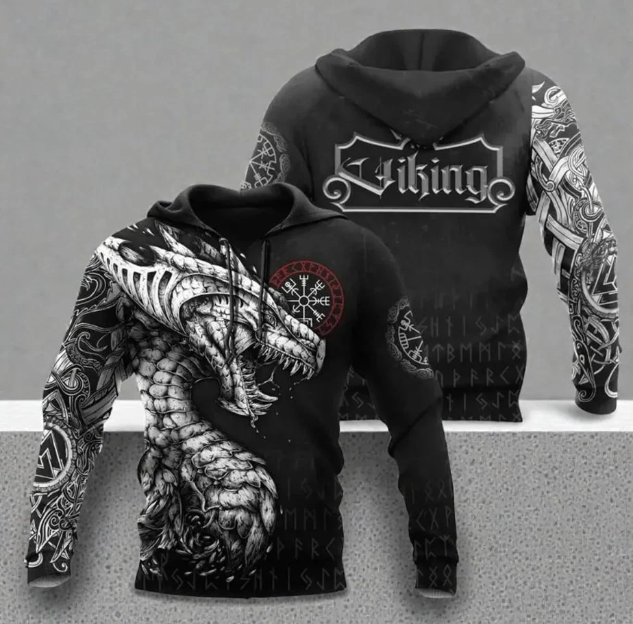Norse Dragon Warrior Hoodie Rune Pattern Nordic Viking All Over Print Hoodie For