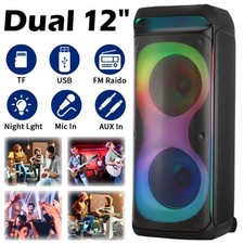 Dual 12'' Portable Bluetooth Speaker Karaoke W/Mic Subwoofer FM Heavy Bass Sound