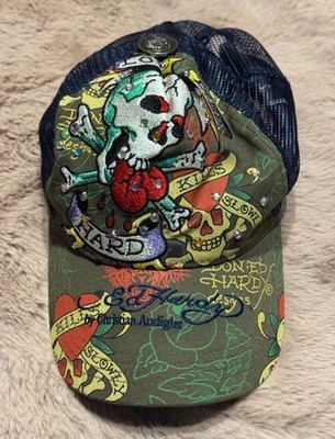 Vintage Y2K Ed Hardy Hat One Size Blue/Green Snap Back Trucker Skull Jewels