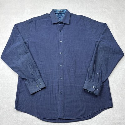 Bugatchi Uomo Mens Classic Fit Button Down Shirt Blue Micro Check Cotton XL