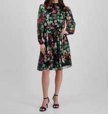 Tahari ASL Women's Green Chiffon Floral Mock Neck Self-Tie Dress Size: 4