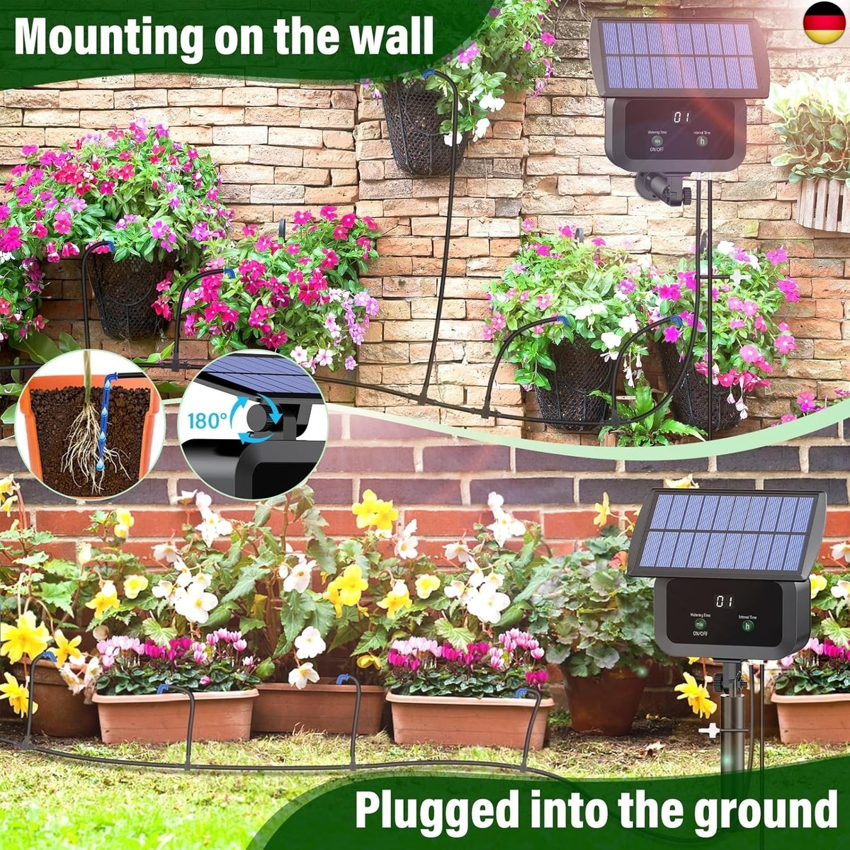 Solar Bewässerungssystem Automatik - 12 Timer Programme, 15m Schlauch, 60+ Tage Akku Für Garten & Balkon