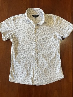 Marc Anthony Luxury Slim Fit White Gray Floral Cotton Woven Button-Up Shirt S
