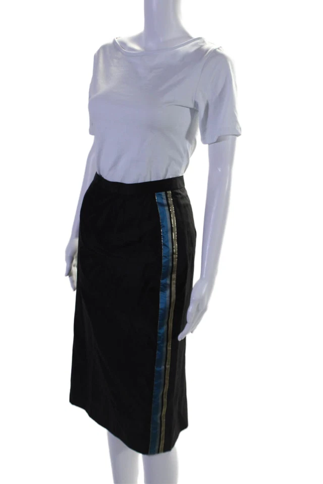 Louis Feraud Womens Silk Striped Front Knee Length Pencil Skirt Black Blue Size - Изображение 2 из 4