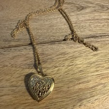 Collar de cadena colgante medallón corazón filigrana foto tono dorado cadena doble eslabón vintage