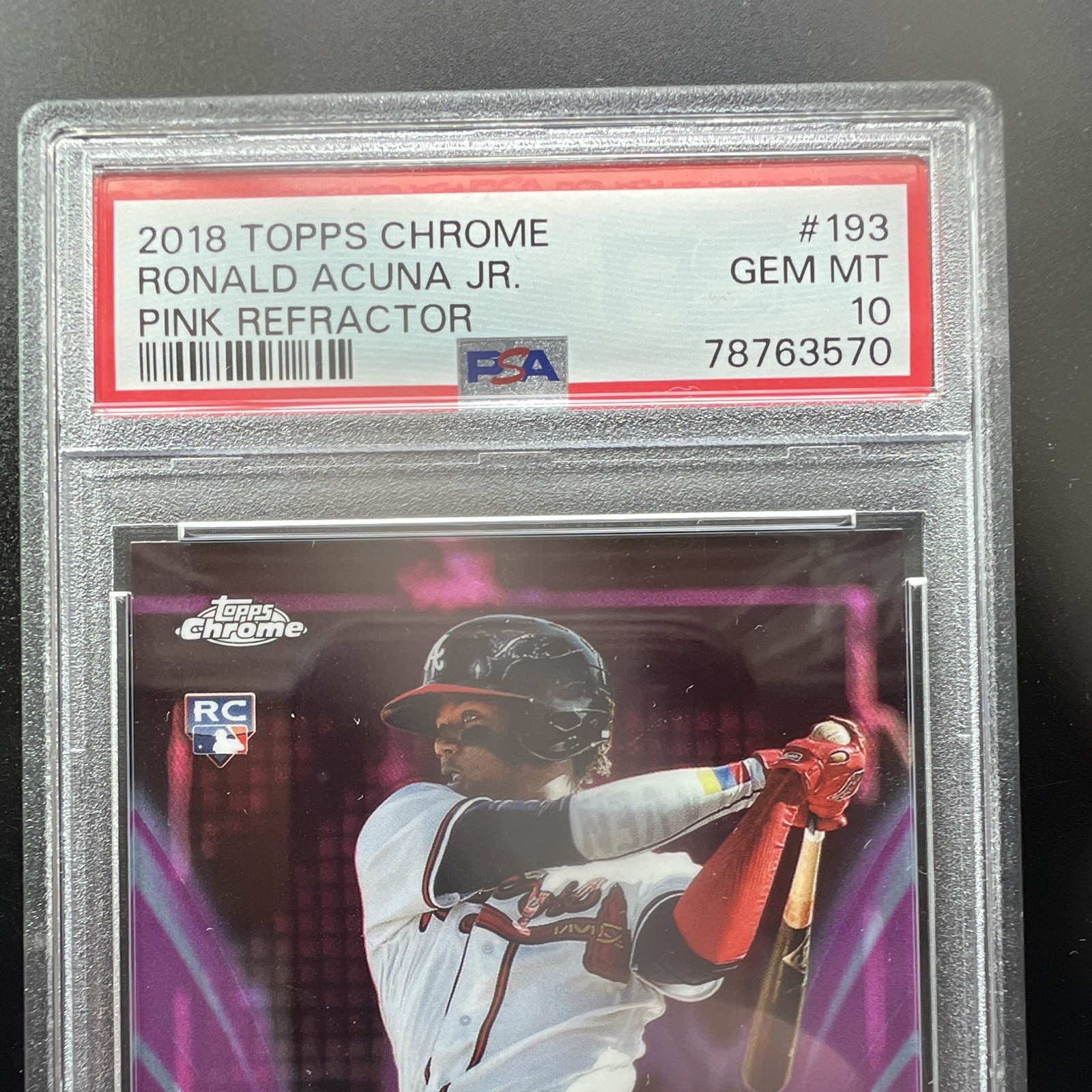 Topps 2018 Chrome Ronald Acuna Jr. Braves #193 Pink Refractor RC PSA 10 view 2