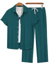 Men's 2-Piece Ribbed Short Sleeve Shirt Long Pants Summer Casual Set