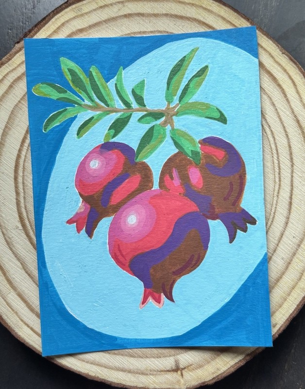 Original ACEO Acrylic Mini Painting Pomegranate Tree Fruit Signed by Artist