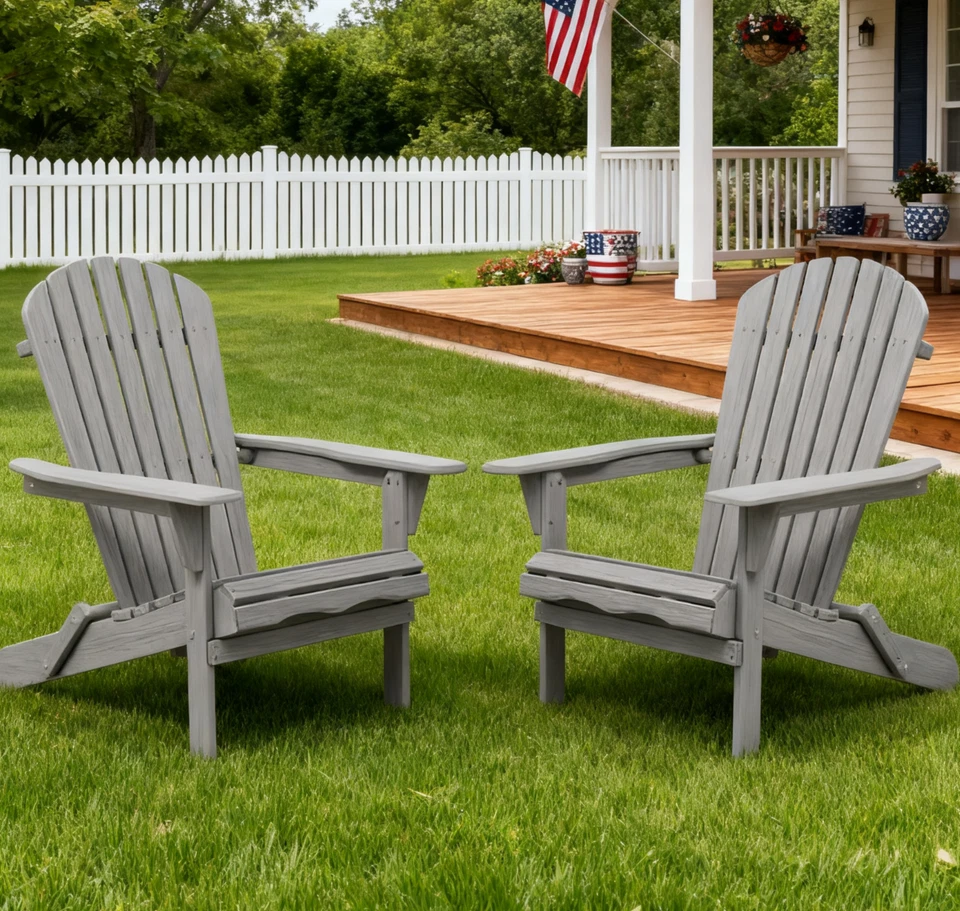 Folding Adirondack Chairs Set of 2 Outdoor Patio All Weather Fire Pit Solid Wood - Image 2 of 4