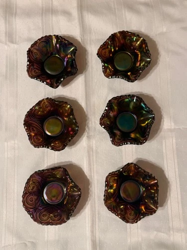 Imperial Carnival Glass Berry Bowls Set of 6 Zippered Heart Amethyst Purple Vtg