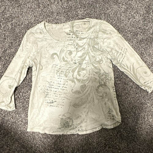 Chico's Women Size 0 White/Gray Graphic Print Scoop Neck 3/4 Sleeve Top
